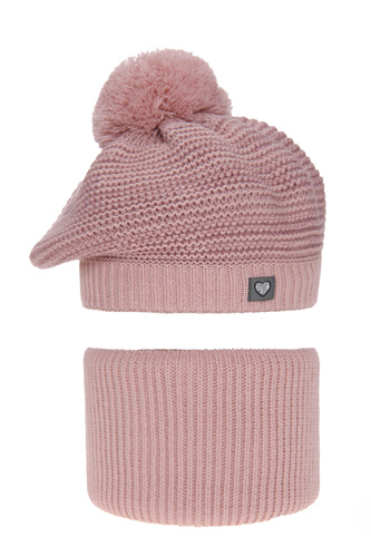Flicka vinter set: mössa och halsduk, rosa, med pompom, Lira