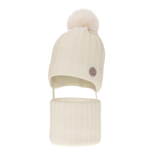 Flicka vinter set: mössa och tubhalsduk, kremowy, med pompom, Kenta