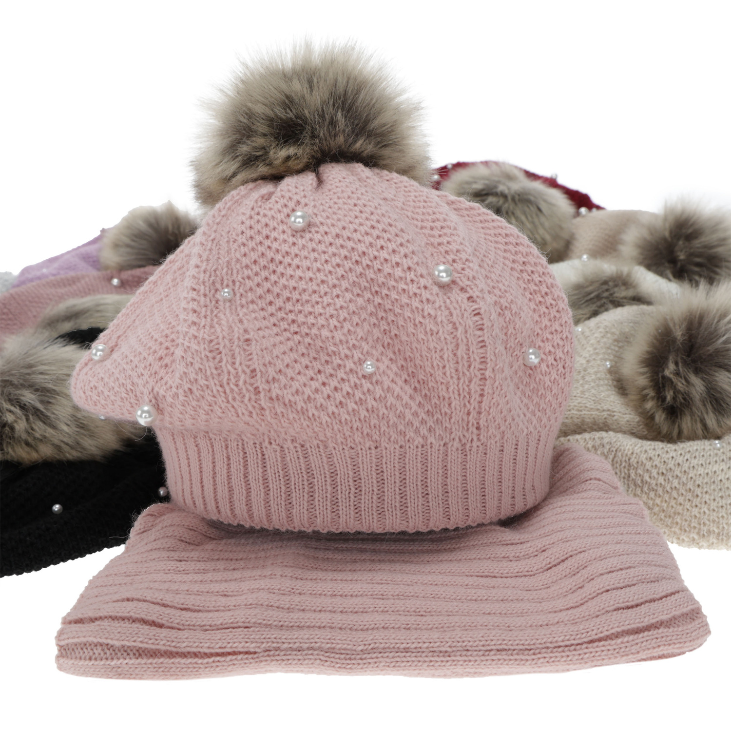 Flicka vinter set: basker och tubhalsduk, beige, fodrad med fleece, med pompom, Jeanette