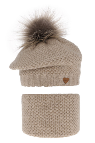 Flicka vinter set: mössa och tubhalsduk, beige, med pompom, Francesca