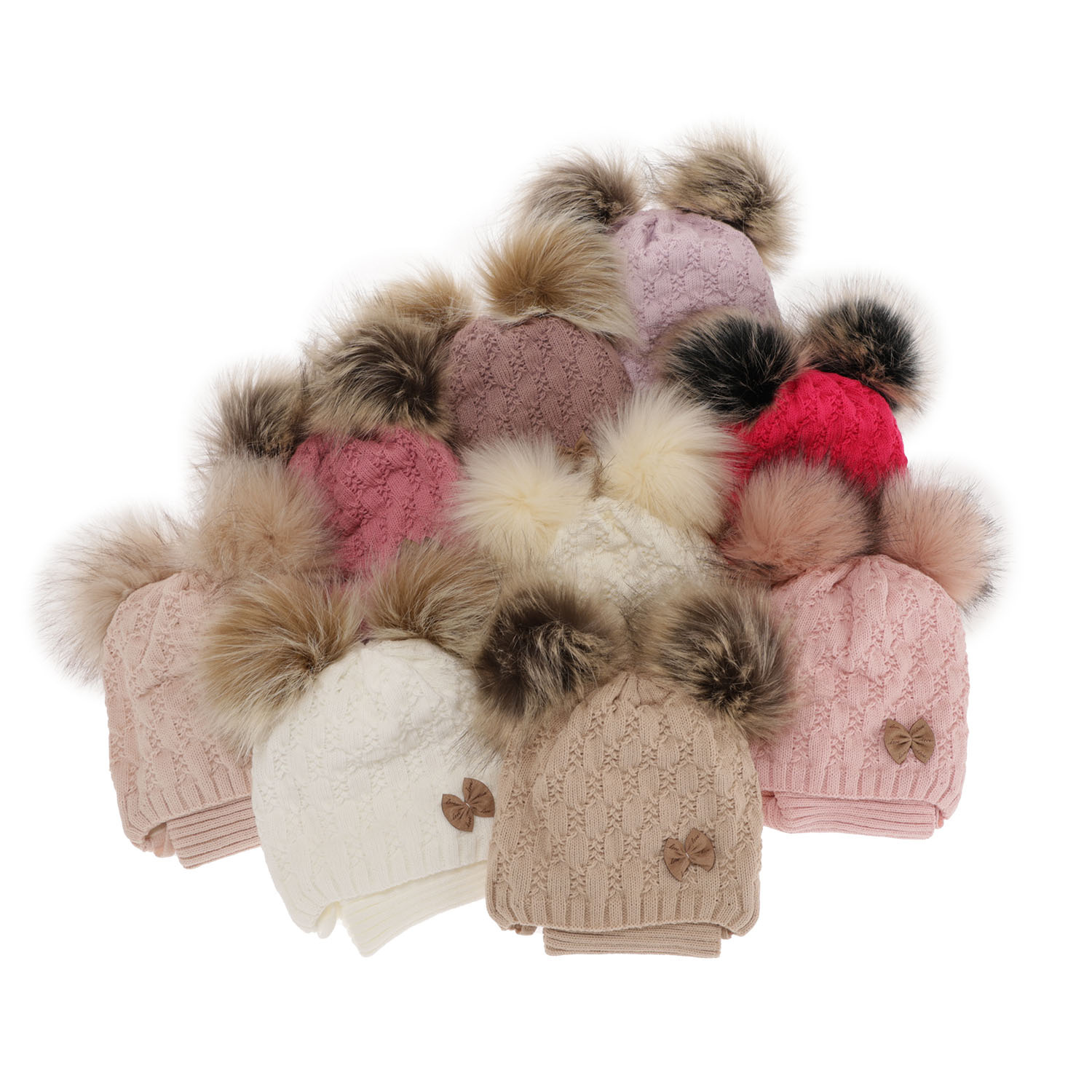 Flicka vinter set: mössa och halsduk, rosa, med två pompommar, Bettina