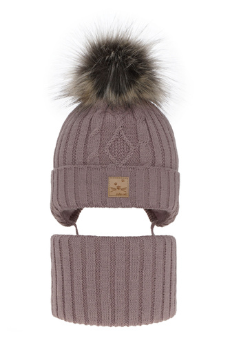 Flicka vinter set: mössa och halsduk, lila, med pompom, Aida