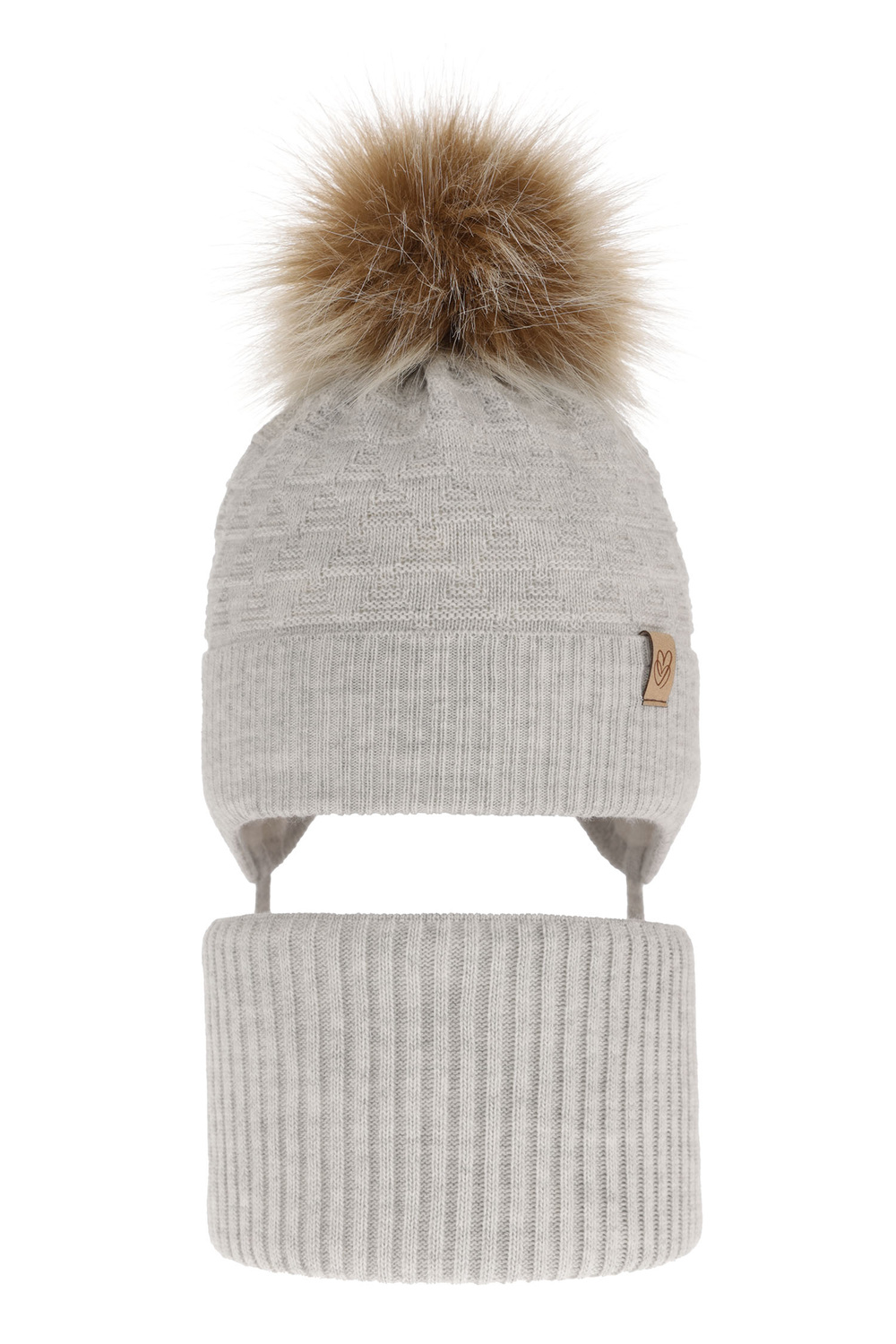 Flicka vinter set: mössa och tubhalsduk, grå, med pompom, knytband, Egeria