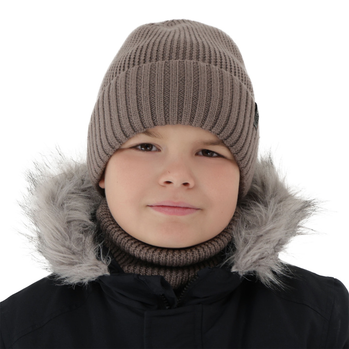 Pojke vinter set: mössa och tubhalsduk, 100% Merino Ull, fodrad med merinull, brun Harbin