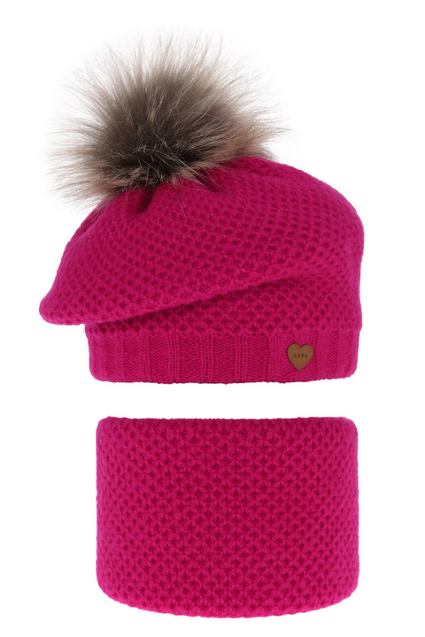 Flicka vinter set: beret och tubhalsduk, rosa, med pompom, Francesca