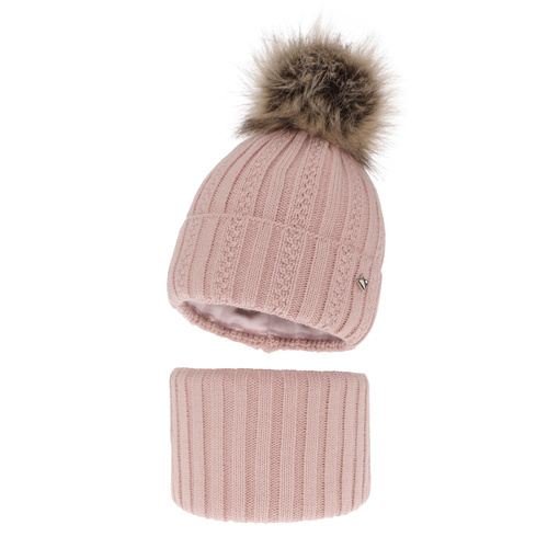 Flicka vinter set: mössa och tubhalsduk, rosa, med pompom, Wirginia