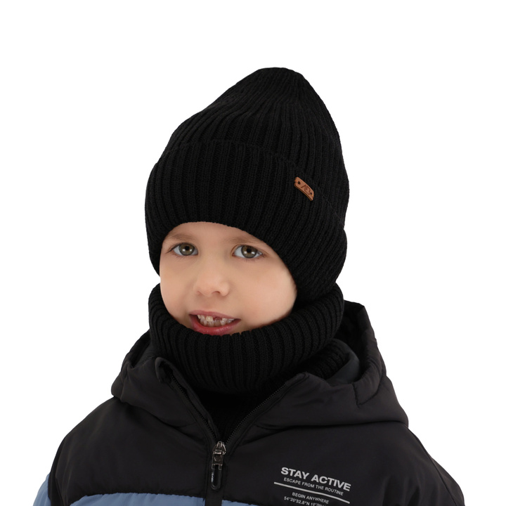Pojke vinter set: mössa och tubhalsduk, svart, fodrad med fleece, med merinull, Palermo