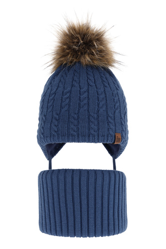 Pojke vinter set: mössa och halsduk, blå, med pompom, knytband, Indigo
