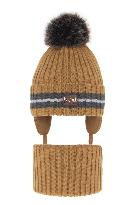 Pojke vinter set: mössa och halsduk, camel, med pompom, wiązany, Echo