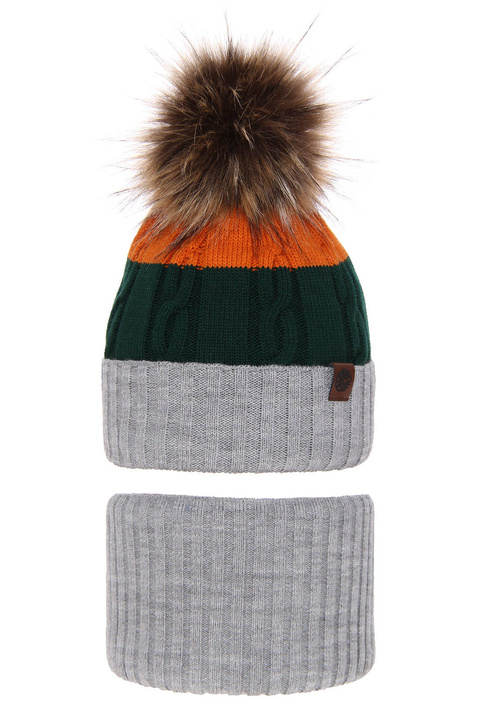 Pojke vinter set: mössa och halsduk, grå, med pompom, Karmel