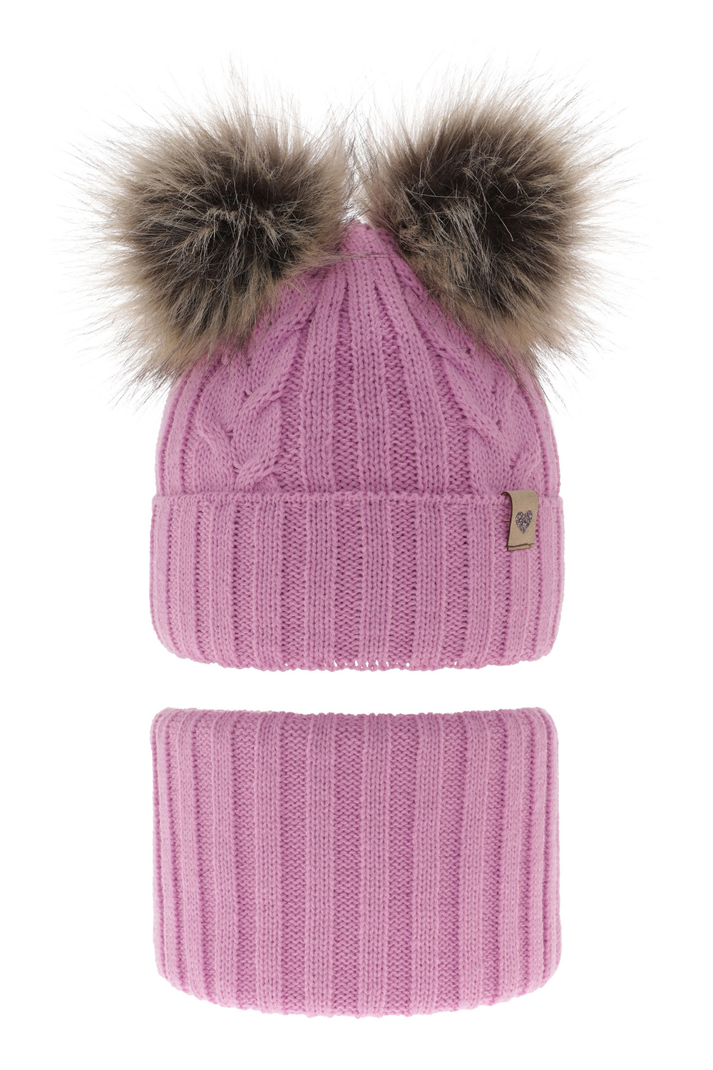 Flicka vinter set: mössa och halsduk, rosa, med två pompommar, Amala