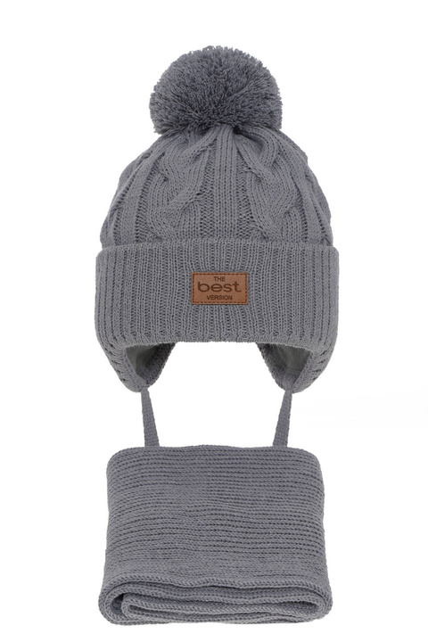 Pojke vinter set: mössa och halsduk, grå, med pompom, Remix