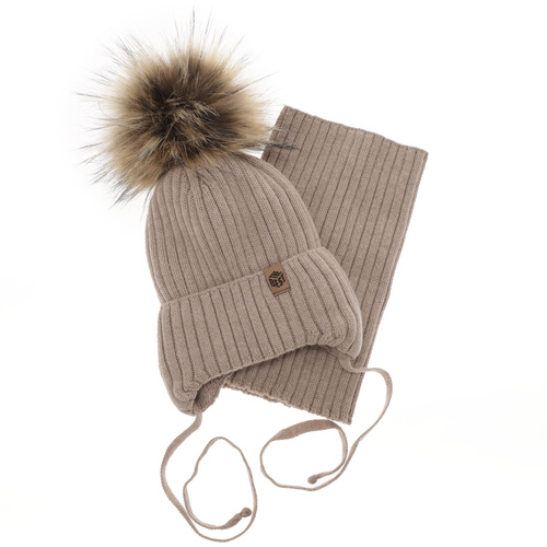 Pojke vinter set: mössa och halsduk, beige, med knytband, 100% Merino Ull, Juno