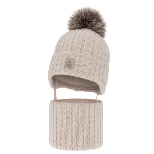 Flicka vinter set: mössa och tubhalsduk, beige, 100% Merino Ull, fodrad med fleece, med pompom, knytband, Martina