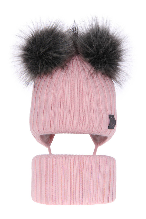 Flicka vinter set: mössa och halsduk, rosa, med två pompommar, wiązany Telisa