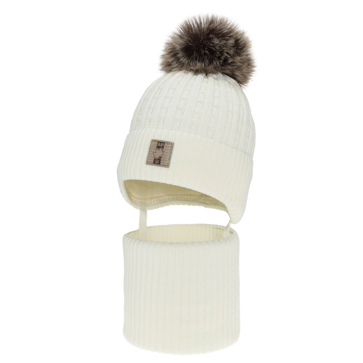 Pojke vinter set: mössa och tubhalsduk, kremowy, med pompom, Fiamanto
