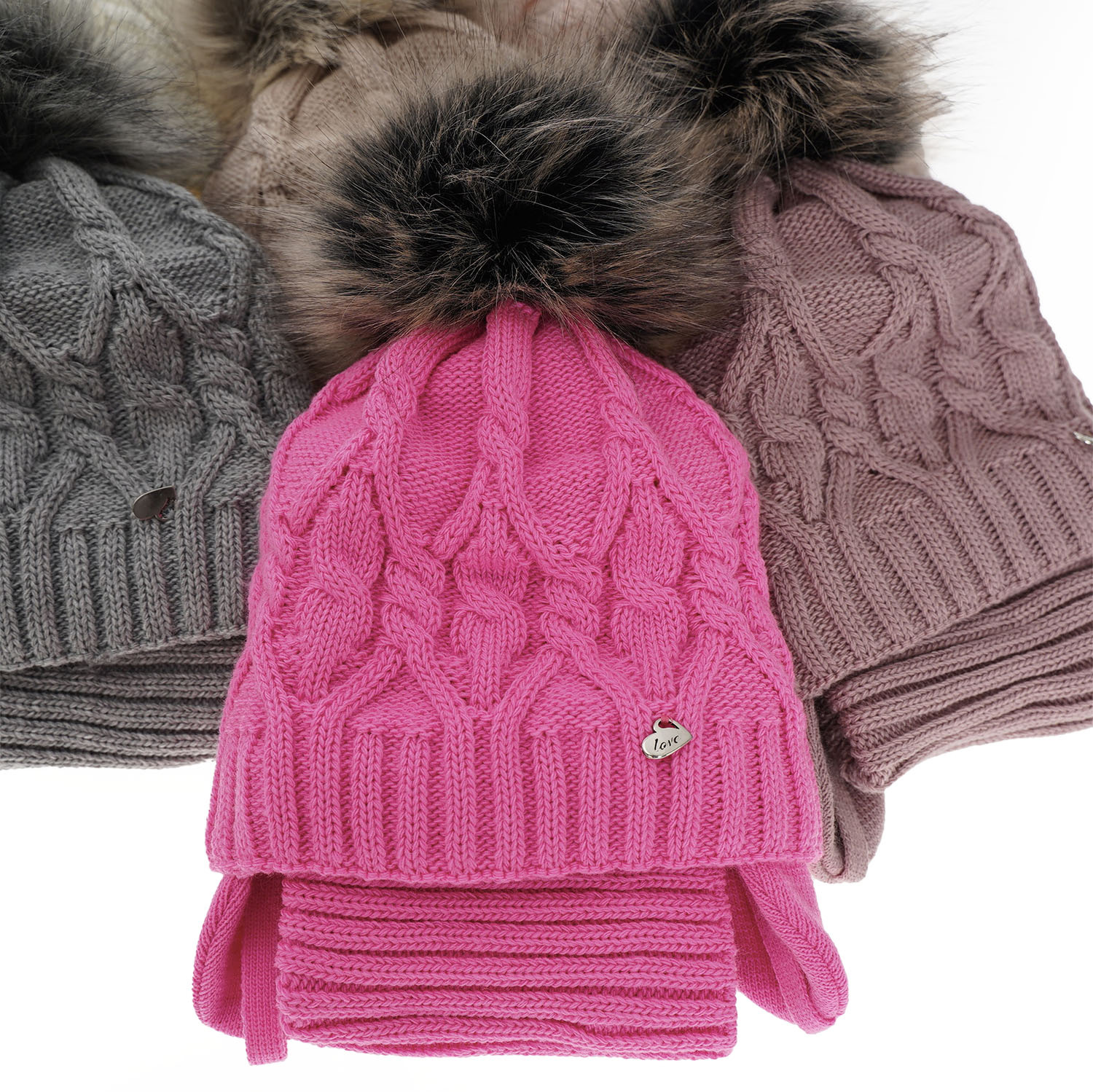 Flicka vinter set: mössa och halsduk, kremowy, med pompom, Elena