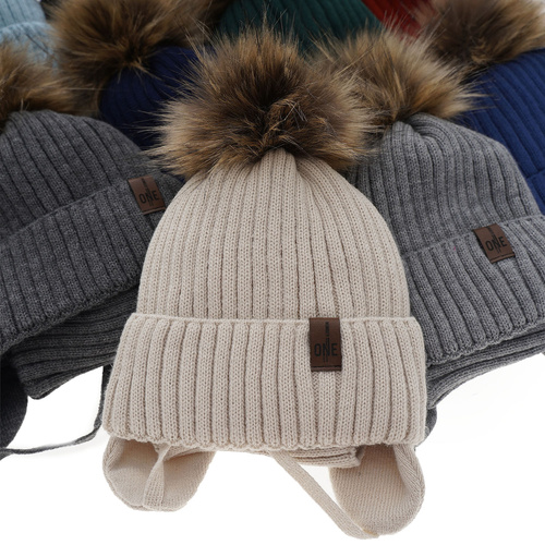 Pojke vinter set: mössa och tubhalsduk, mörkgrå, med pompom, Puzel