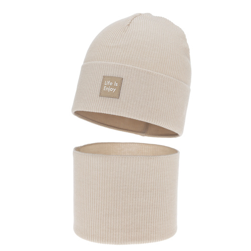 Flicka höst/vår set: mössa och tubhalsduk, beige, med bomull, Zola