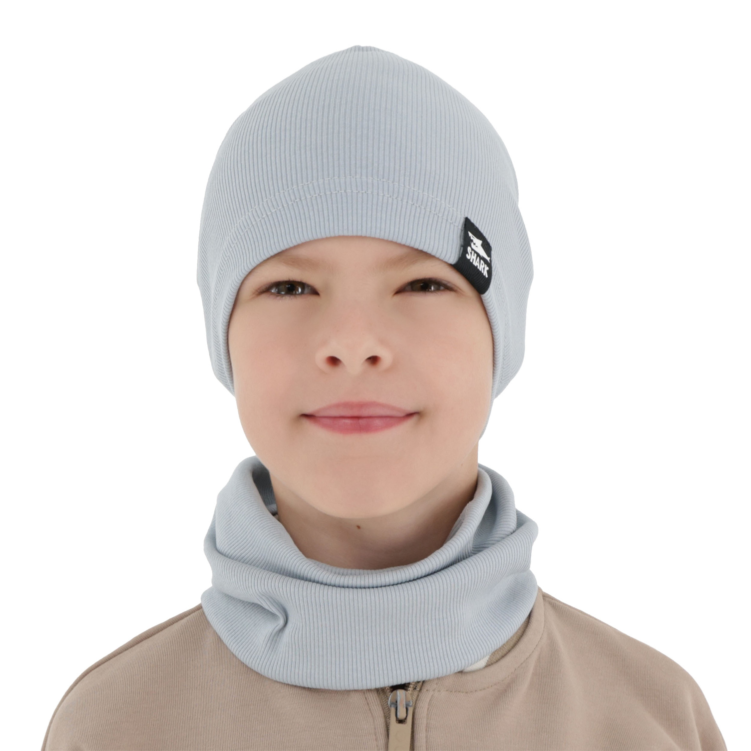 Pojke höst/vår set: mössa och tubhalsduk, bomull, beige, Rumel