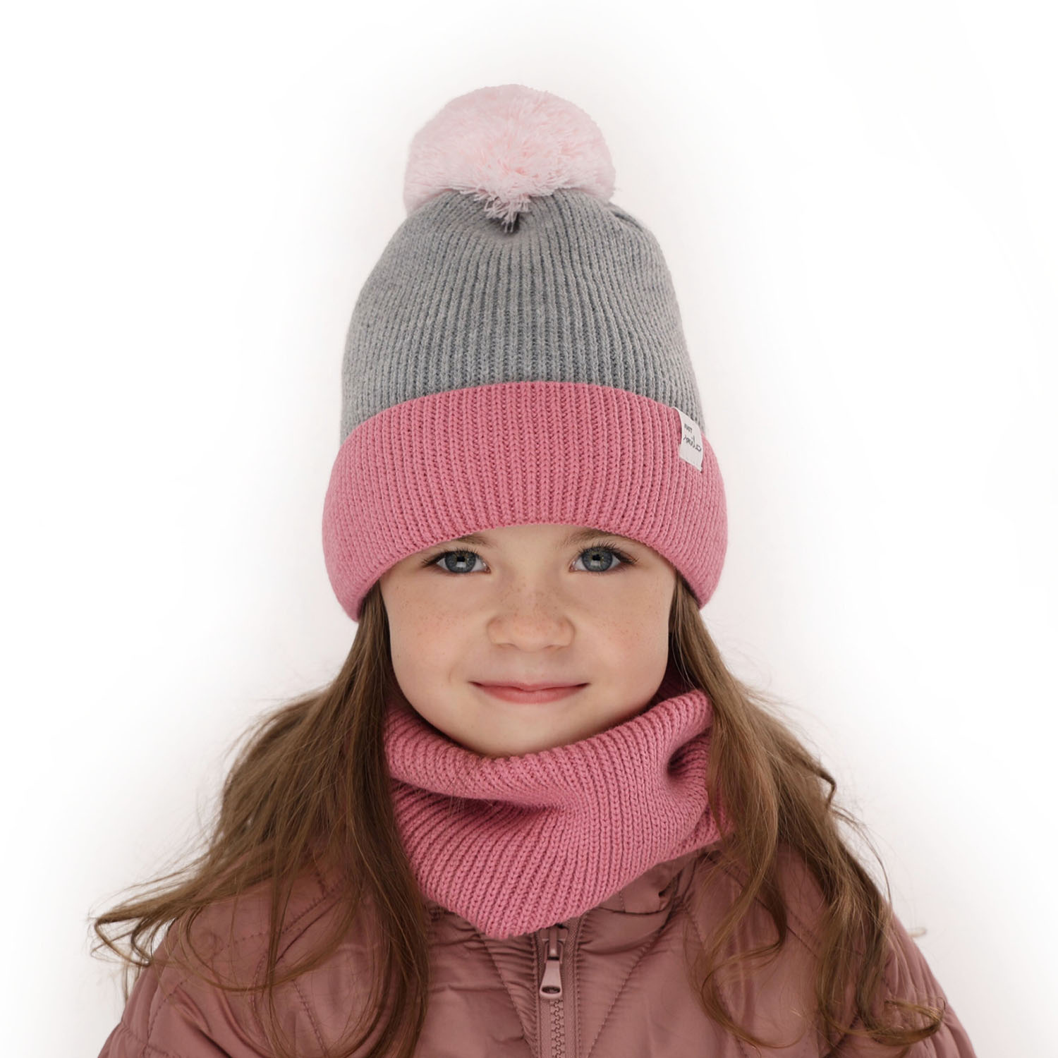 Flicka vinter set: mössa och halsduk, rosa, med pompom, Rosalin