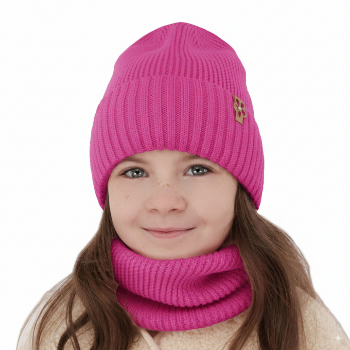 Flicka vinter set: mössa och halsduk, rosa, 100% Merino Ull, Nelita
