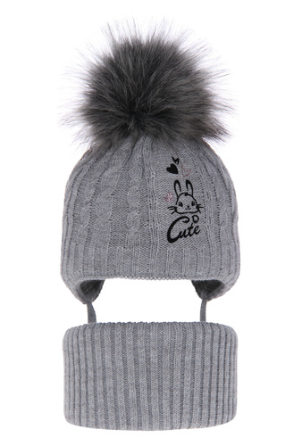 Flicka vinter set: mössa och tubhalsduk, grå, med pompom, Treccia