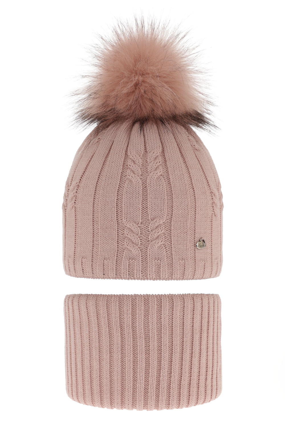 Flicka vinter set: mössa och tubhalsduk, rosa, med pompom, Amaltea