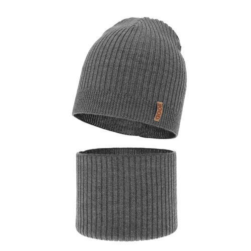 Pojke höst/vår set: mössa och tubhalsduk, grå, 100% Merino Ull, Chester