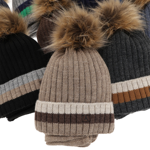 Pojke vinter set: mössa och tubhalsduk, brun, med pompom, fodrad med fleece, Beno