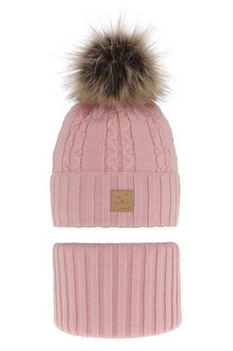 Flicka vinter set: mössa och halsduk, rosa, med pompom, Alexia