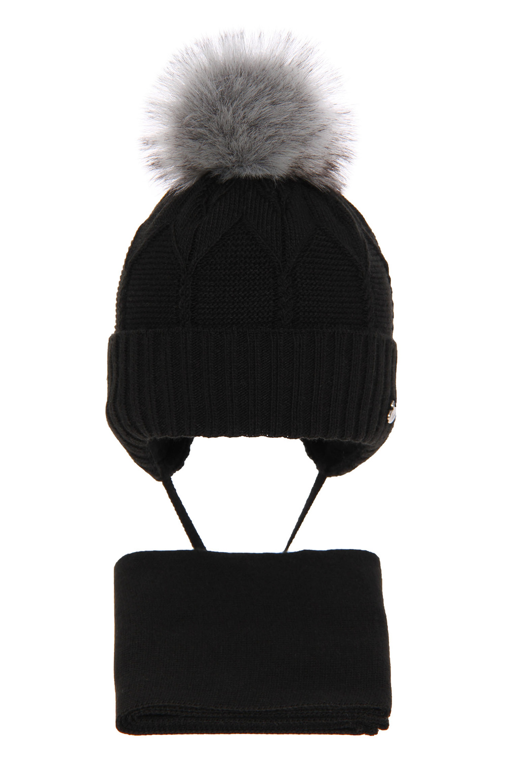 Flicka vinter set: mössa och halsduk, svart, med knytband, med pompom, Altina