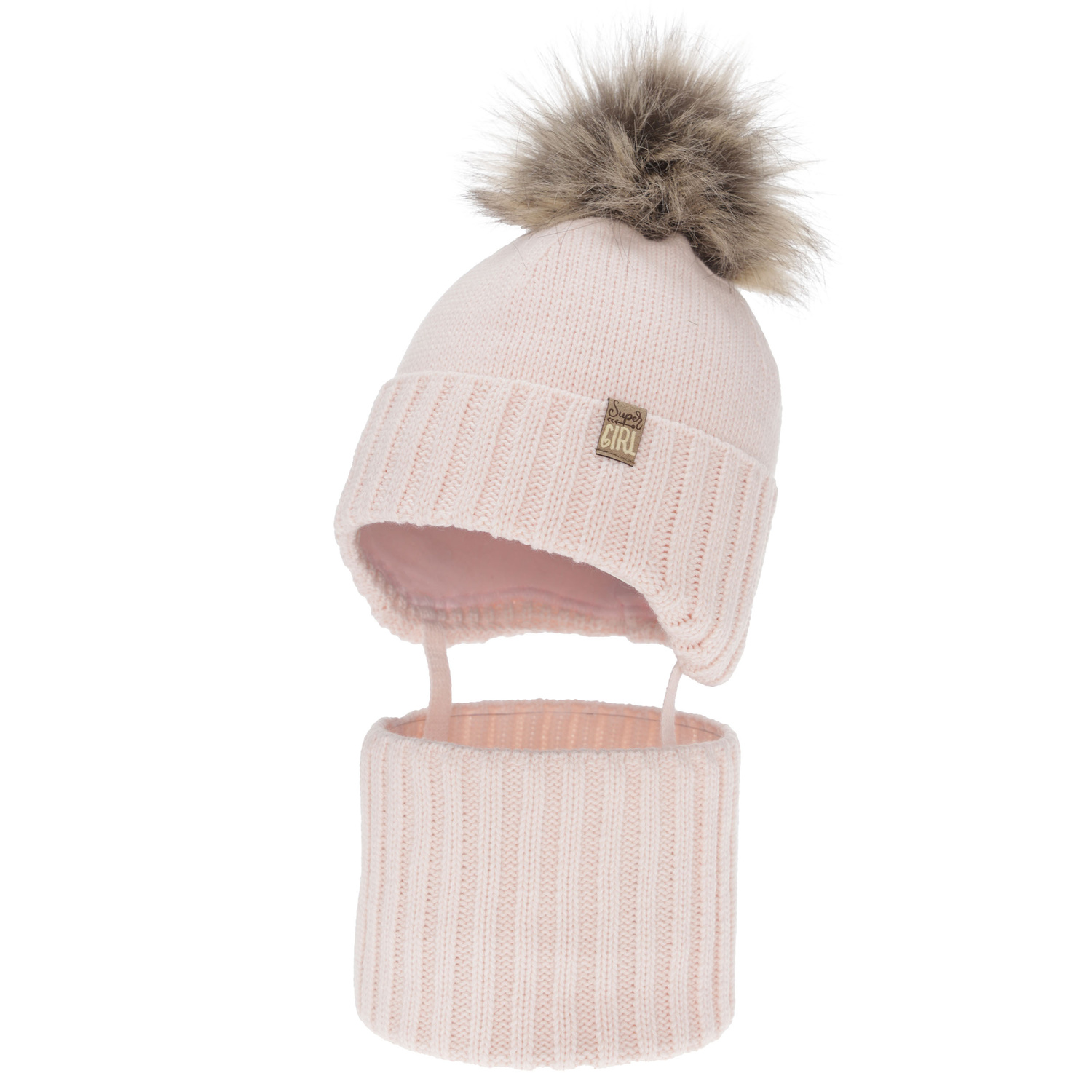 Flicka vinter set: mössa och tubhalsduk, rosa, med pompom, Primula
