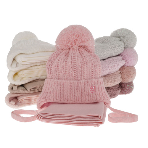 Flicka vinter set: mössa och halsduk, rosa, med knytband, med pompom, Marisa