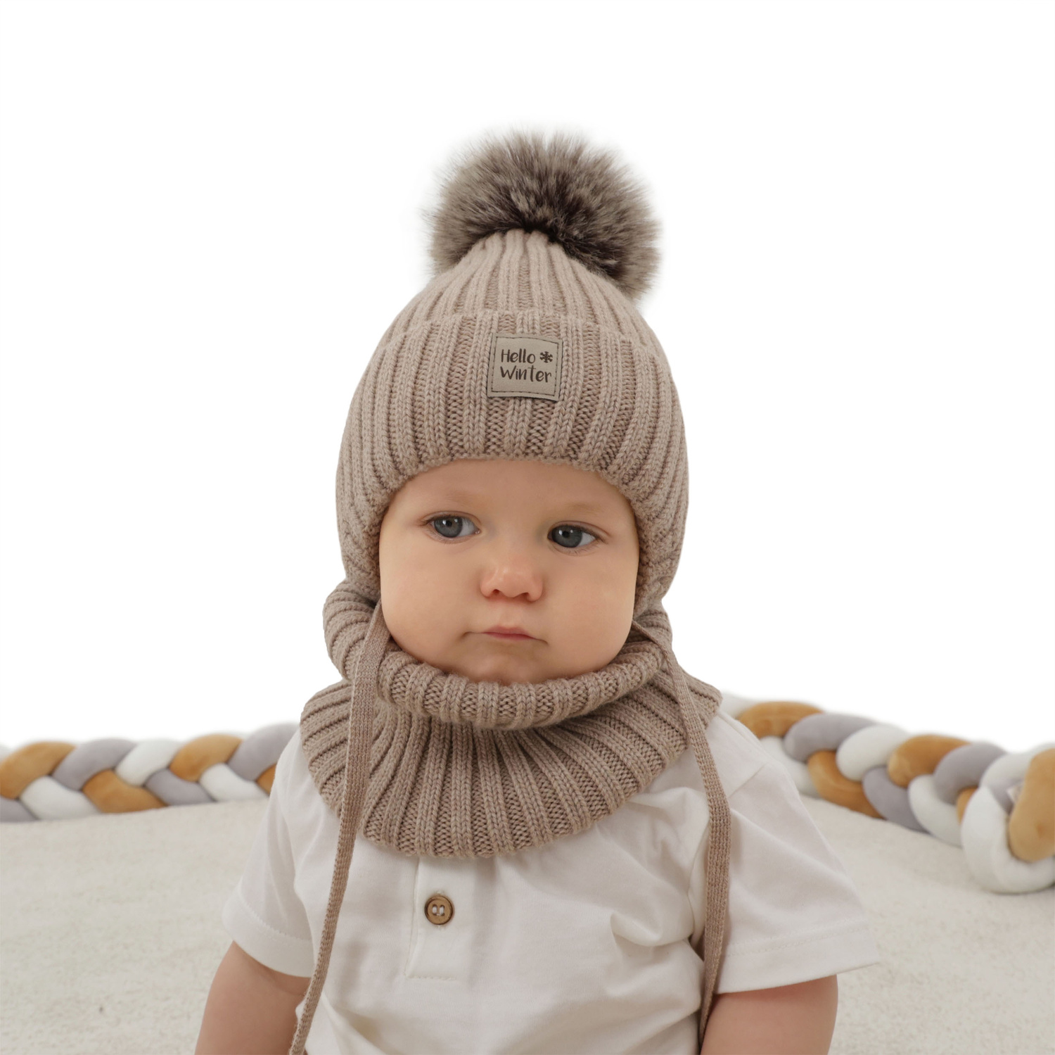 Pojke vinter set: mössa och tubhalsduk, brun, 100% Merino Ull, Fodrad med bomull, Morti