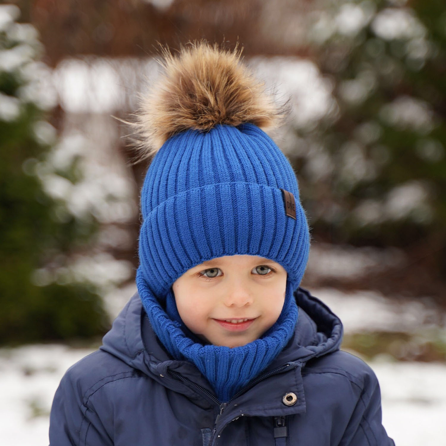 Pojke vinter set: mössa och halsduk, grå, med pompom, med knytband, Puzel