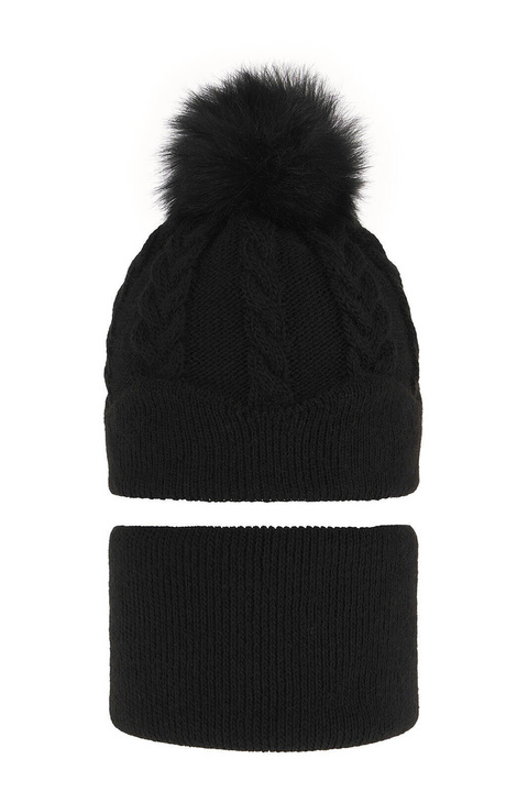 Flicka vinter set: mössa och tubhalsduk, svart, med pompom, Etula