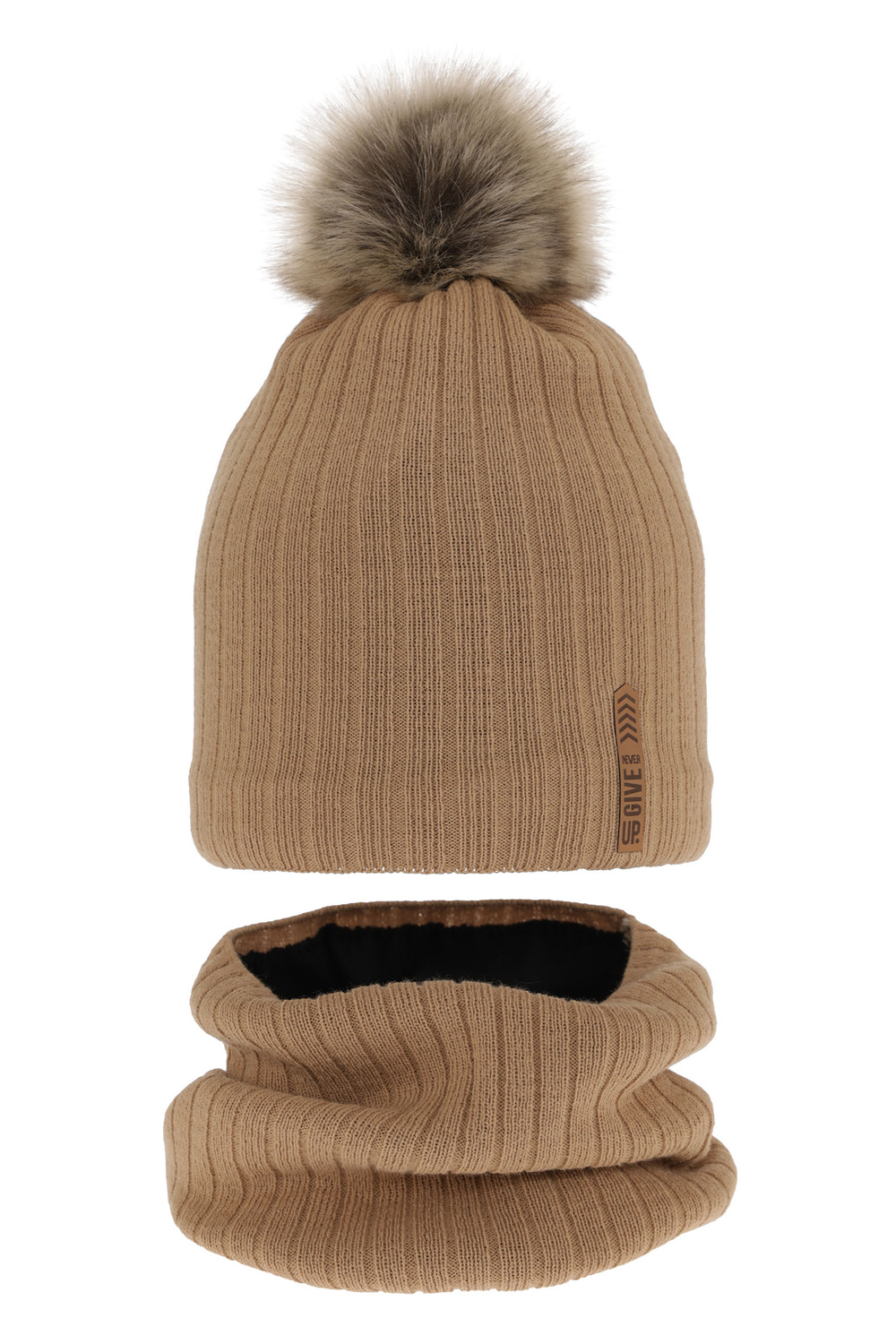 Pojke vinter set: mössa och tubhalsduk, camel, med pompom, podszyty, Kalen
