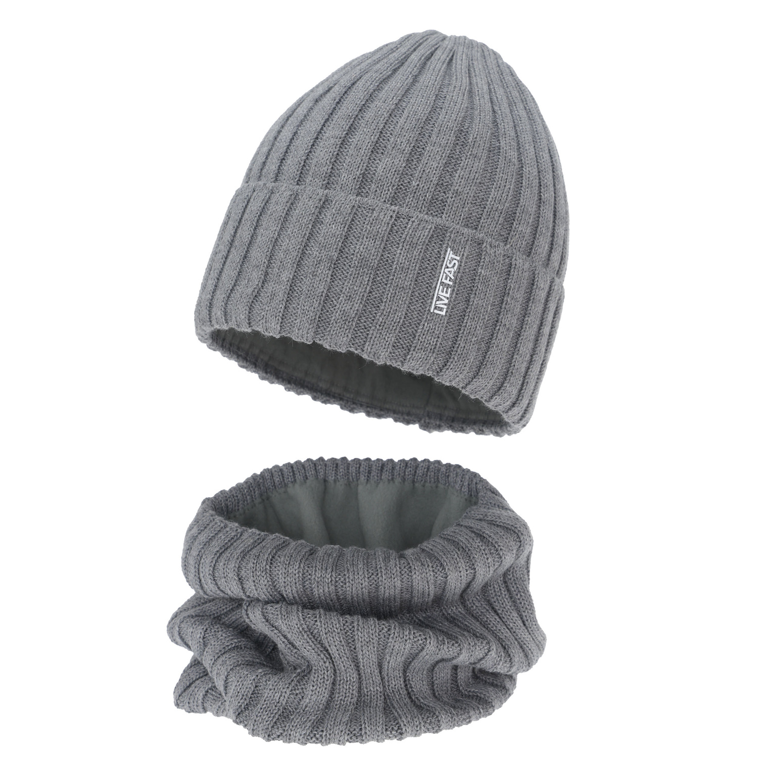 Pojke vinter set: mössa och tubhalsduk, beżowy, med merinull, fodrad med fleece, Banasko