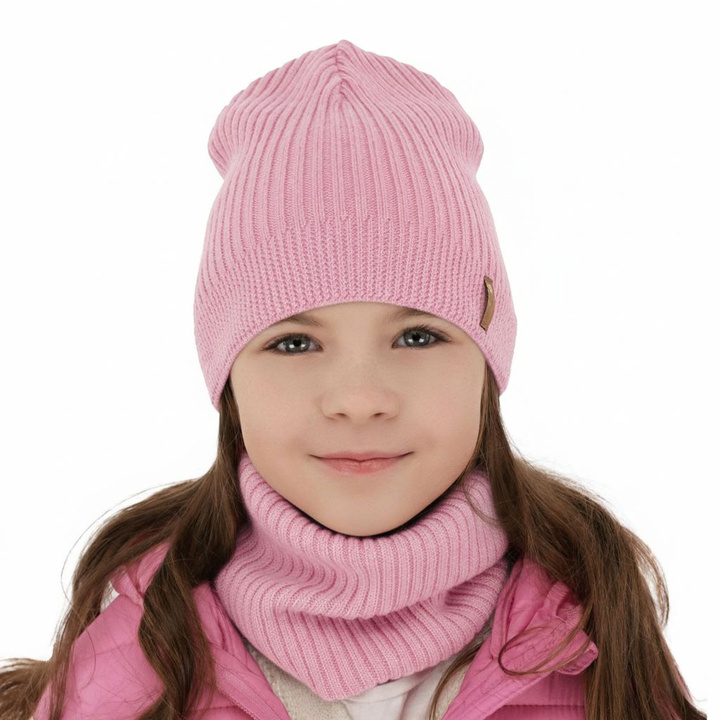 Flicka höst/vår set: mössa och tubhalsduk, rosa, 100% Merino Ull, Chelsie