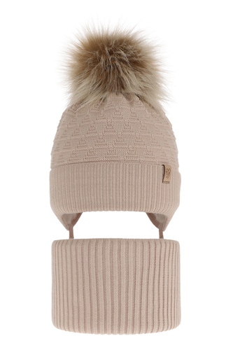 Flicka vinter set: mössa och halsduk, beige, med pompom, Egeria