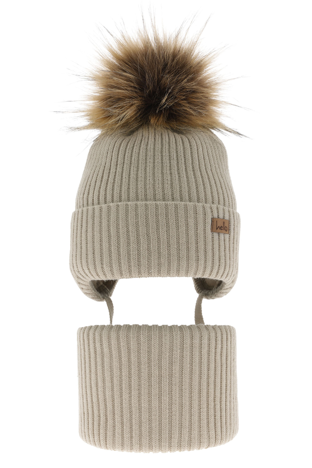 Pojke vinter set: mössa och halsduk, beige, med pompom, Bergo