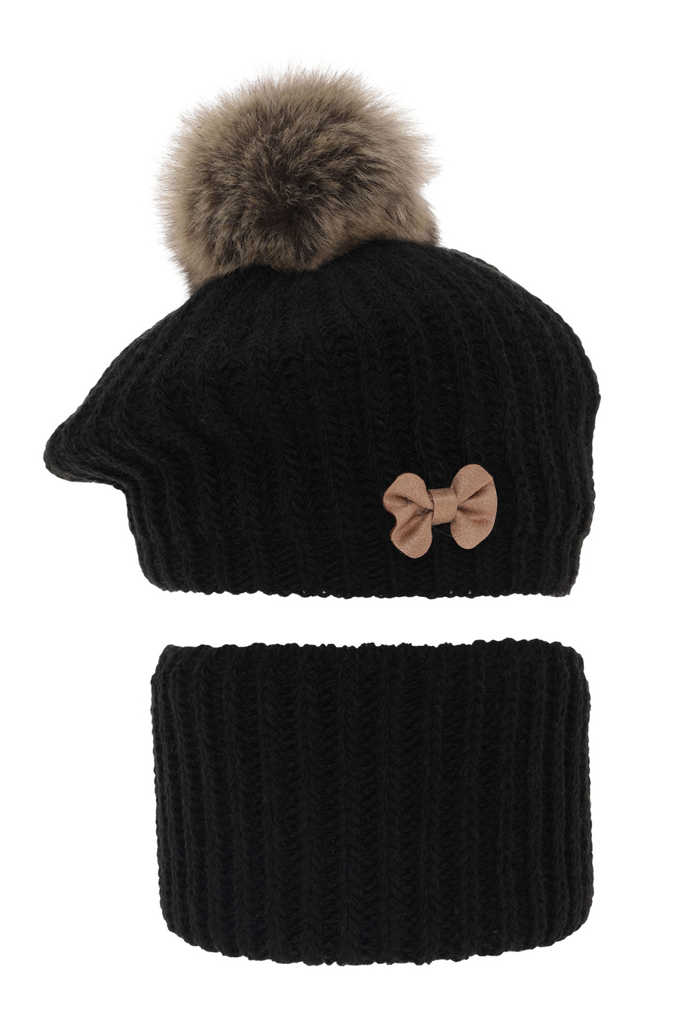 Flicka vinter set: mössa och halsduk, svart, med pompom, Polinezja