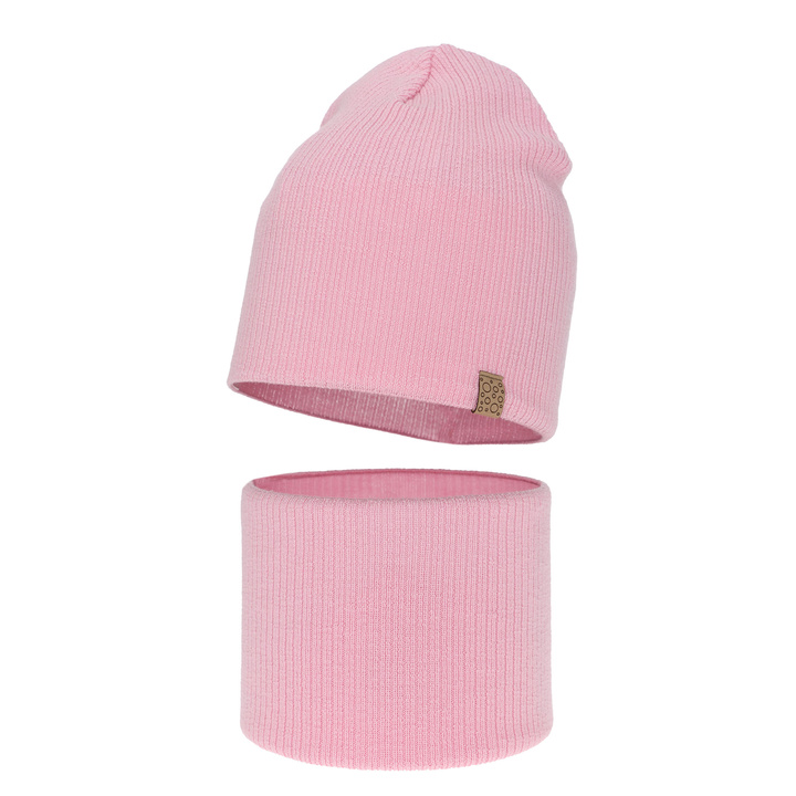 Flicka höst/vår set: mössa och tubhalsduk, rosa, 100% Merino Ull, Ricona