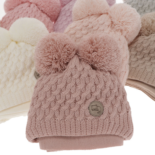 Flicka vinter set: mössa och halsduk, beige, med två pompommar, med knytband, Anava
