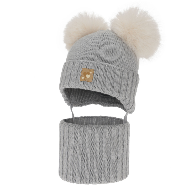 Flicka mössa och tubscarf, vinter set, grå, 100% merinull, fodrad med ullfleece, Ronia