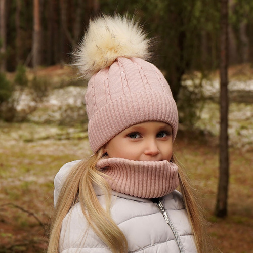 Flicka vinter set: mössa och tubhalsduk, camel, med pompom, Lawa