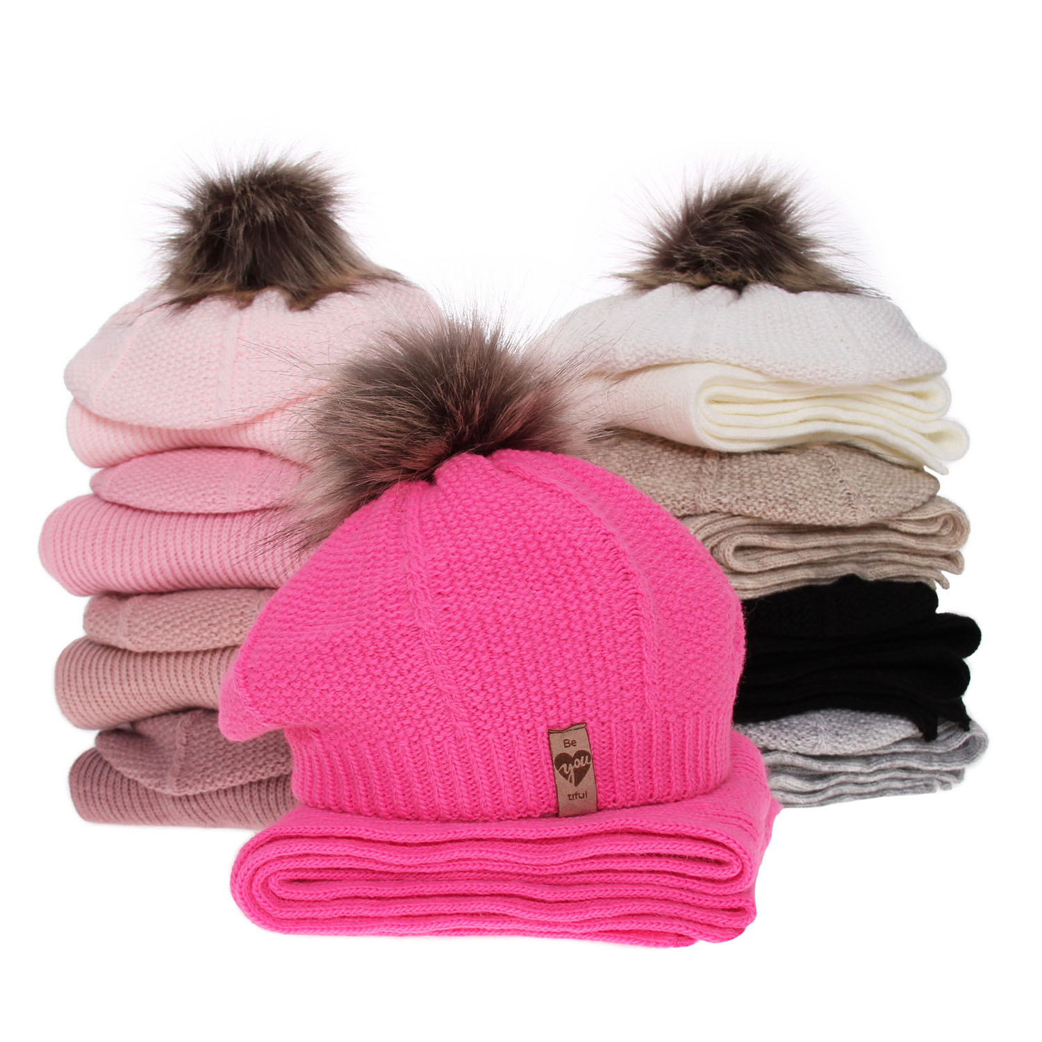 Flicka vinter set: beret och halsduk, rosa, med pompom, Elif