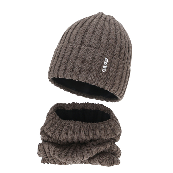 Pojke vinter set: mössa och tubhalsduk, ljusbrun, med merinull, fodrad med fleece, Banasko