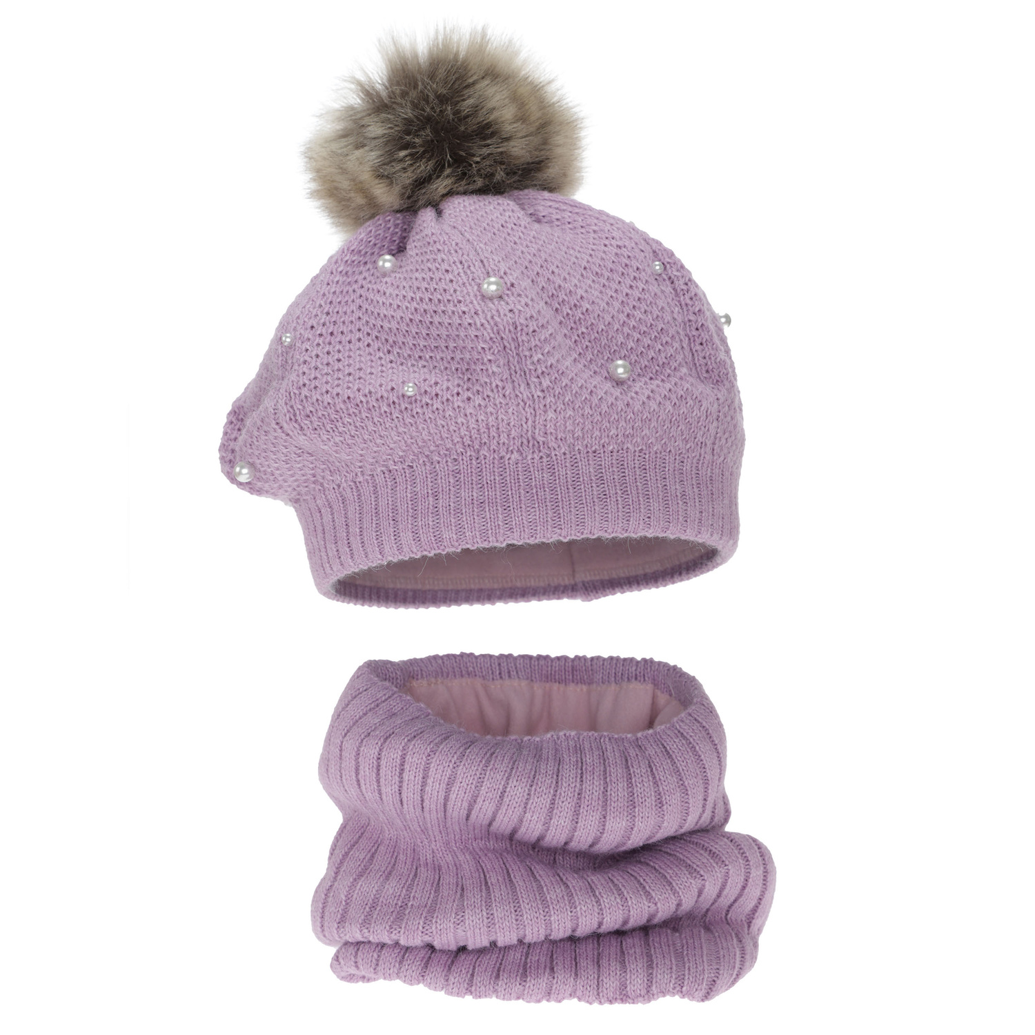 Flicka vinter set: beret och tubhalsduk, fodrad med fleece, lila, med pompom, Jeanette